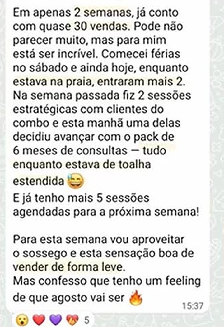 Mensagem de uma aluna sobre quase 30 vendas em duas semanas