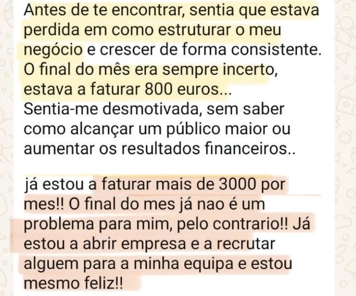 Mensagem de uma aluna sobre a faturação antes e depois