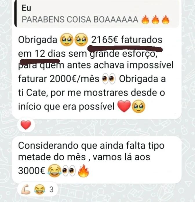 Mensagem de uma aluna sobre a faturação em 12 dias