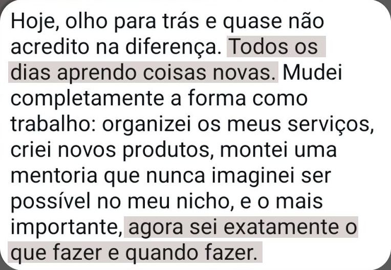 Mensagem de uma aluna sobre a forma como passou a trabalhar