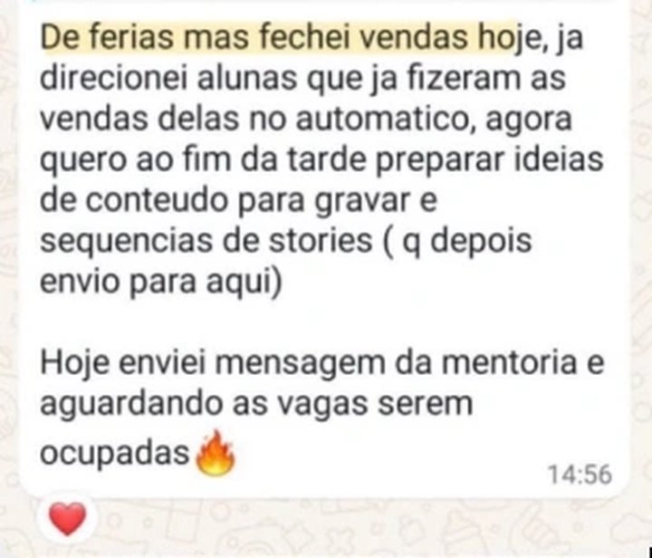 Mensagem de uma aluna que fechou vendas durante as férias