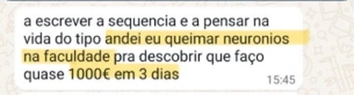Mensagem de uma aluna sobre quase 1000€ em 3 dias