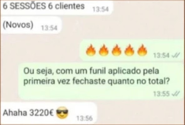 Mensagem de uma aluna: 6 sessões vendidas a 6 clientes novos, 3220€ com o primeiro funil